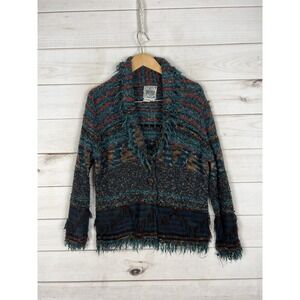 CURIO Sweater Cardigan Womens XL Multicolor Fringe Aztec Button Collared Boho